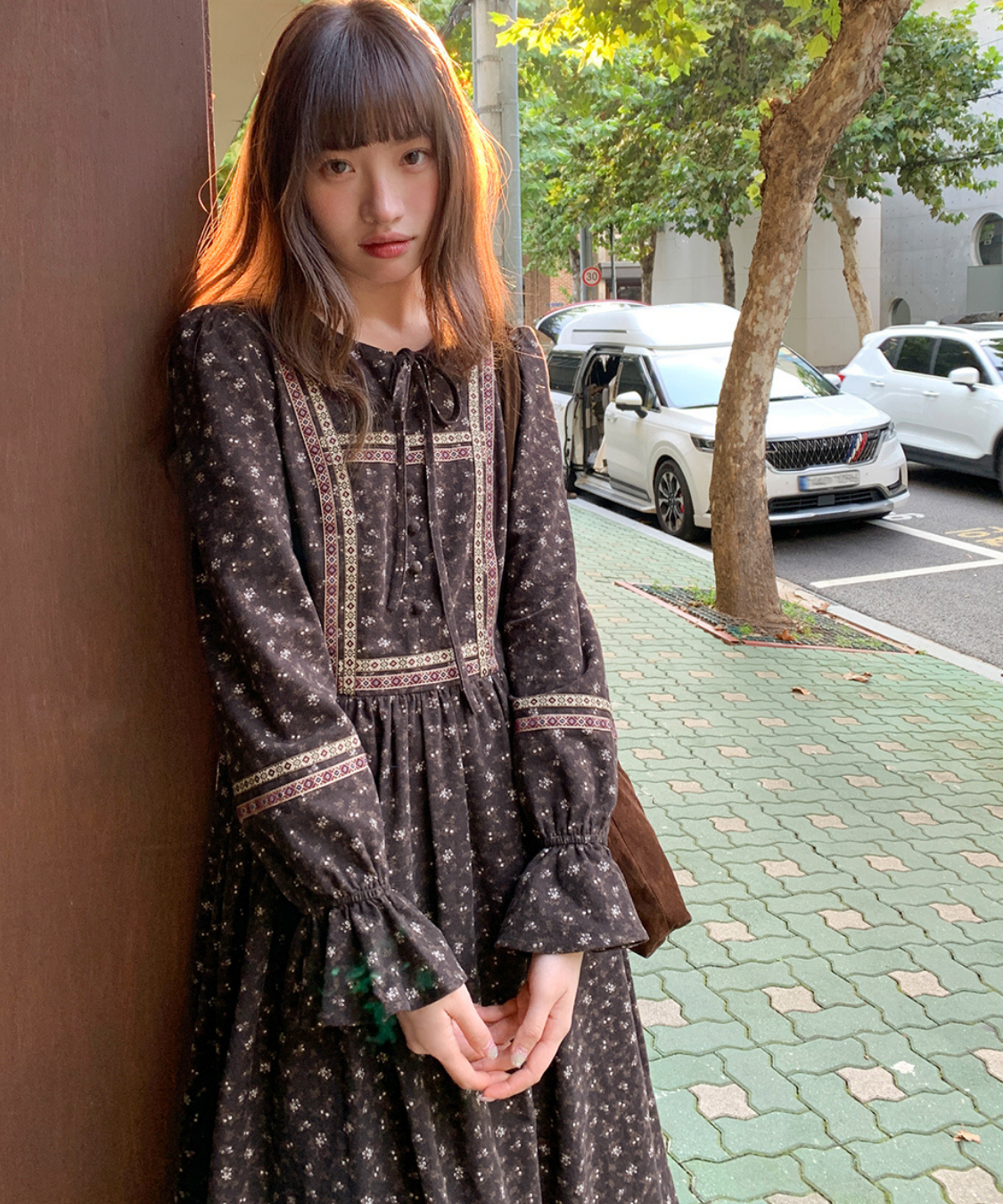 リボン付きラウンドネック民族調ワンピース