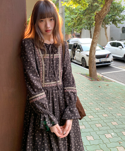 リボン付きラウンドネック民族調ワンピース