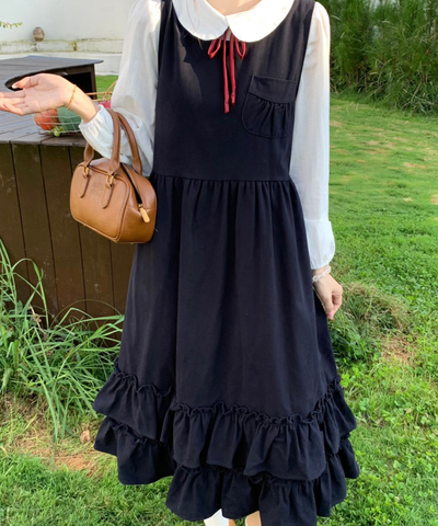 細リボンタイ付きブラウス＋ティアードフリルジャンパースカート 2点セット