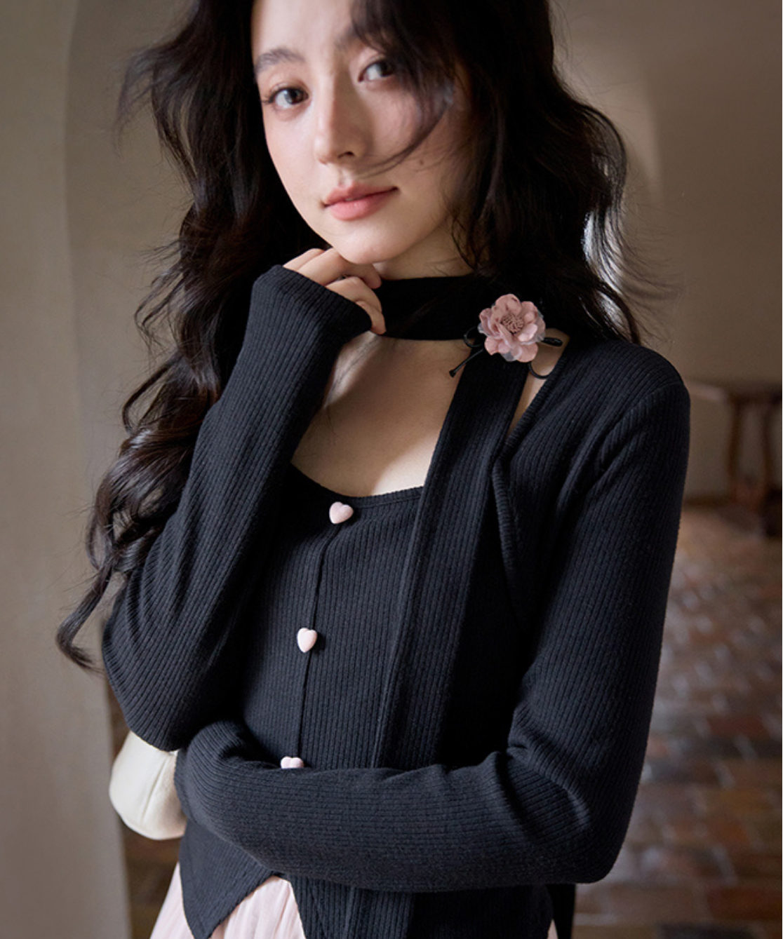 ネックリボンチュール切替ワンピース