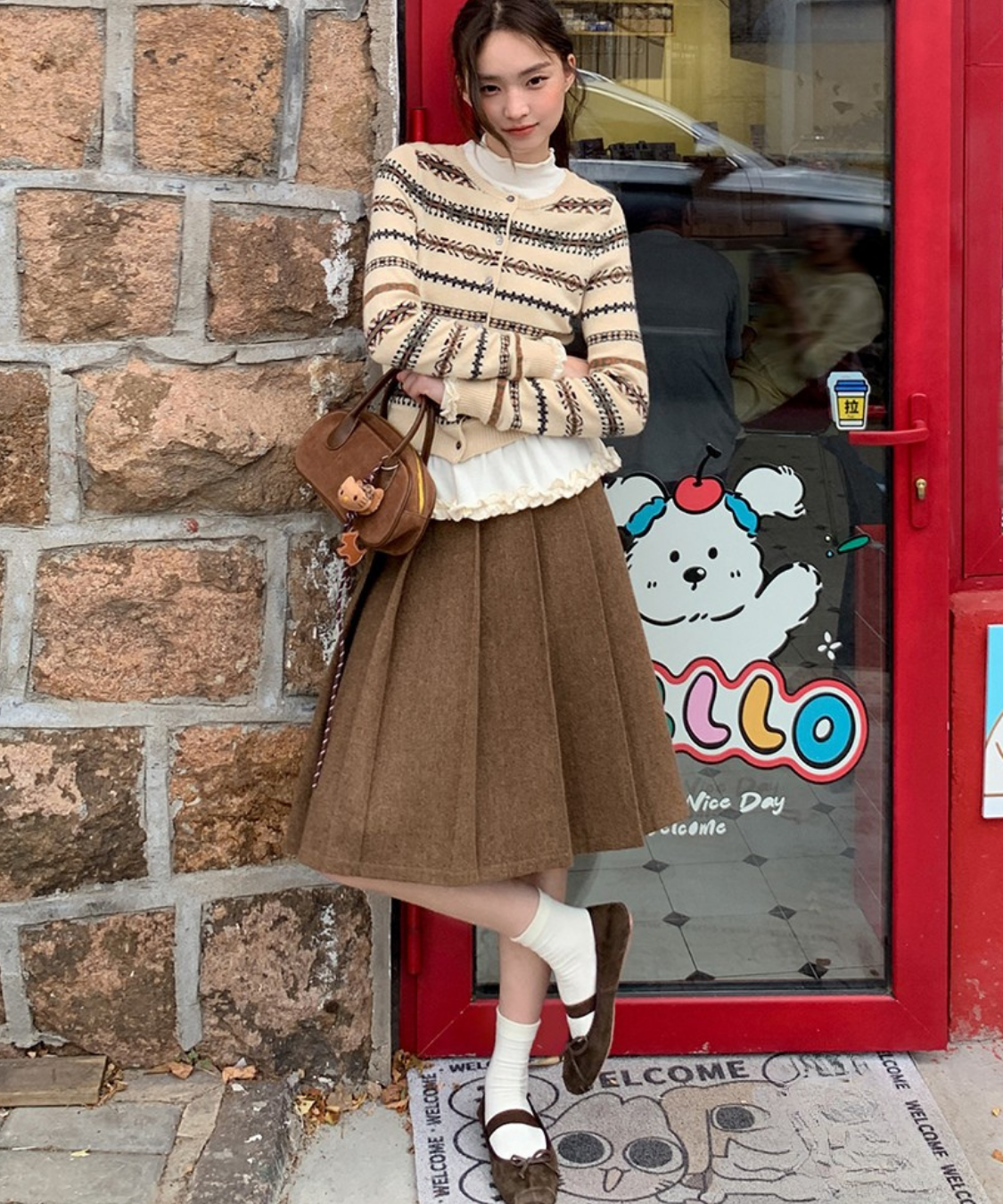 アーガイル刺繍ジャケット＋ボックスプリーツスカート 2点セット