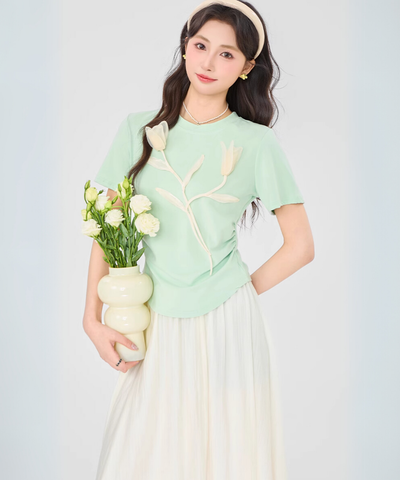 立体フラワーTシャツ＋ドレープスカート2点セット