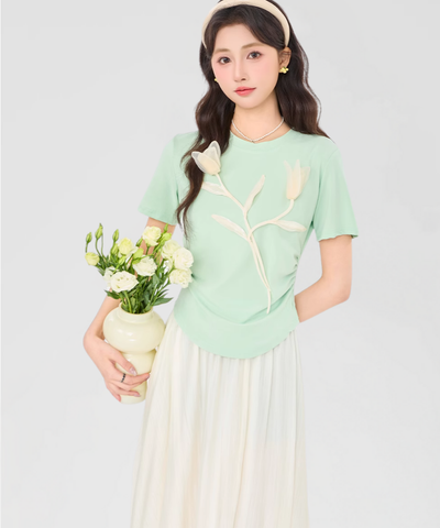 立体フラワーTシャツ＋ドレープスカート2点セット