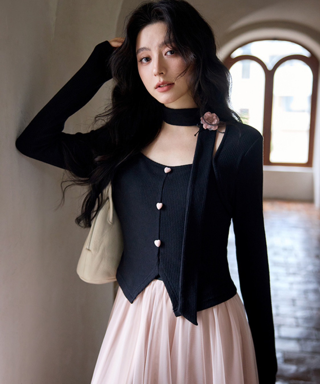 ネックリボンチュール切替ワンピース