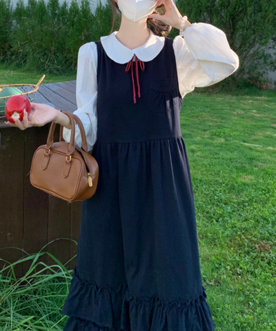 細リボンタイ付きブラウス＋ティアードフリルジャンパースカート 2点セット