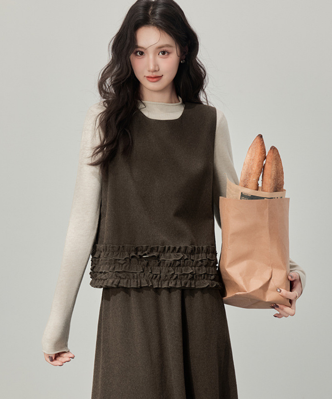 フリルデザインベスト＋カットソー＋フロントフリルスカート 3点セット