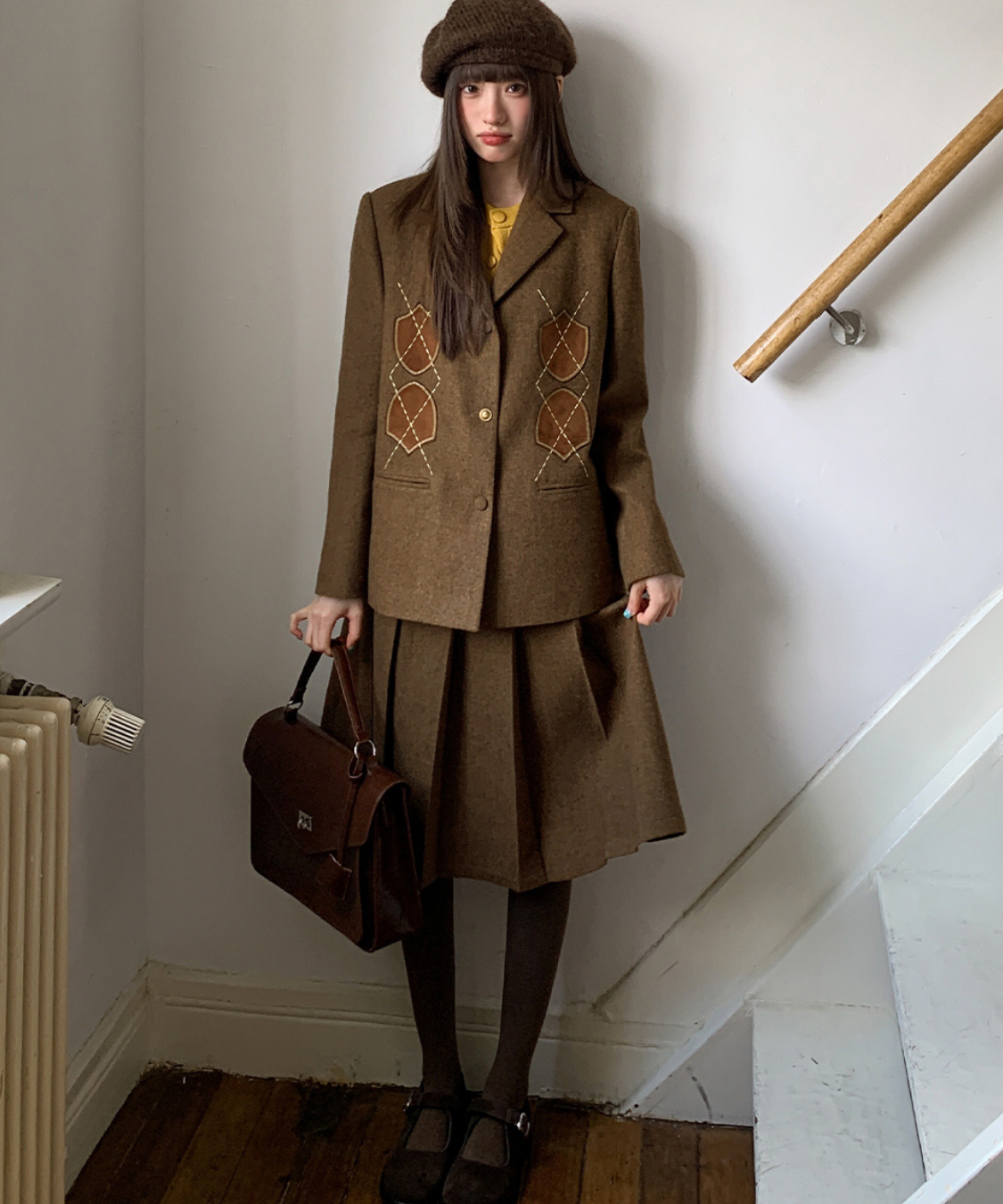 アーガイル刺繍ジャケット＋ボックスプリーツスカート 2点セット