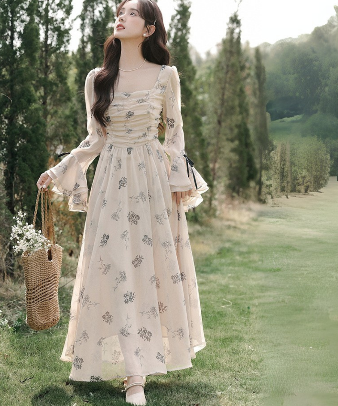 レオナール ワンピース 花柄 シルク トリム ウエストリボン ゴールド