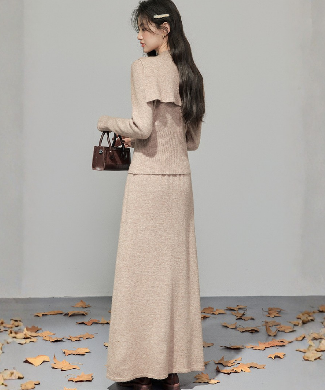 取り外しリボンタイセーラーショール付ニット＋スカート 2点セット