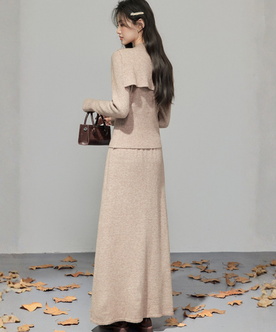 取り外しリボンタイセーラーショール付ニット＋スカート 2点セット