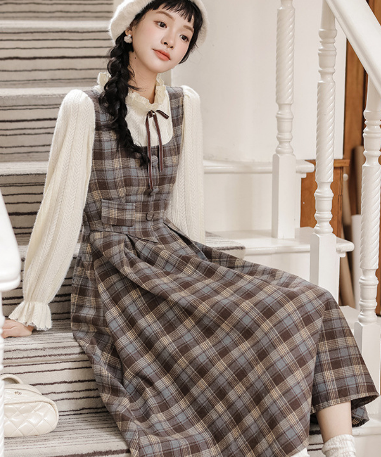 フリルハイネックチェック柄フェイクレイヤードワンピース