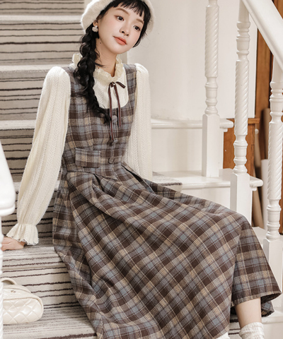 フリルハイネックチェック柄フェイクレイヤードワンピース