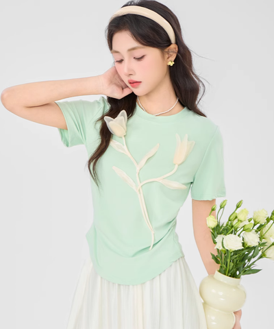 立体フラワーTシャツ＋ドレープスカート2点セット