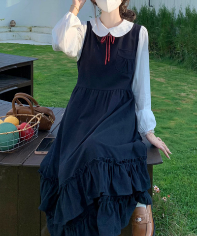 細リボンタイ付きブラウス＋ティアードフリルジャンパースカート 2点セット