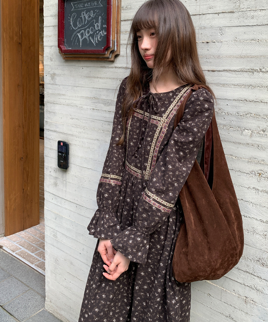 リボン付きラウンドネック民族調ワンピース