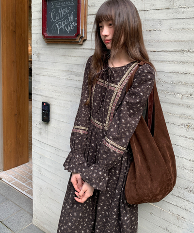 リボン付きラウンドネック民族調ワンピース