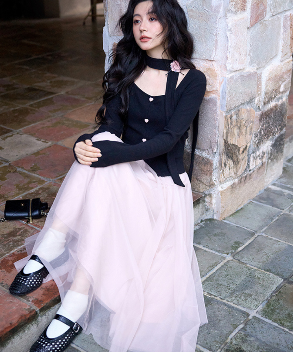 ネックリボンチュール切替ワンピース