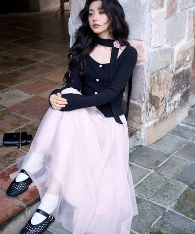 ネックリボンチュール切替ワンピース