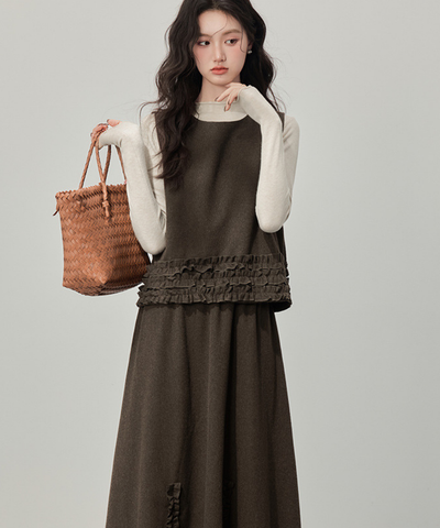 フリルデザインベスト＋カットソー＋フロントフリルスカート 3点セット