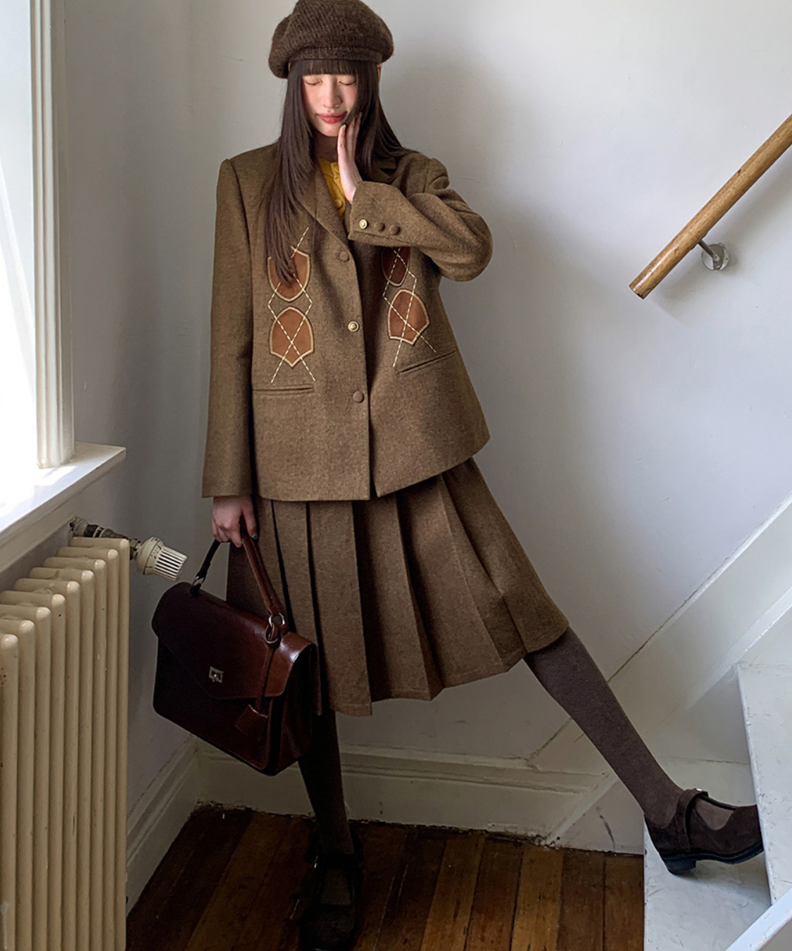 アーガイル刺繍ジャケット＋ボックスプリーツスカート 2点セット