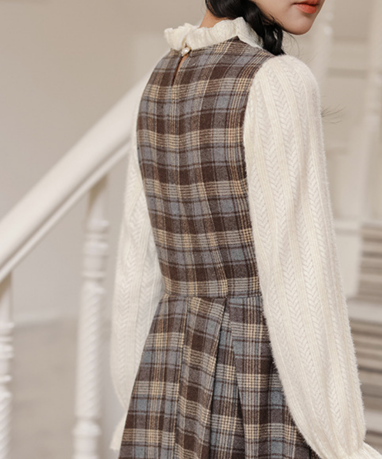 フリルハイネックチェック柄フェイクレイヤードワンピース