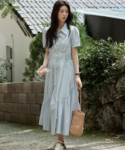 前ボタン付きシャーリングウエストワンピース