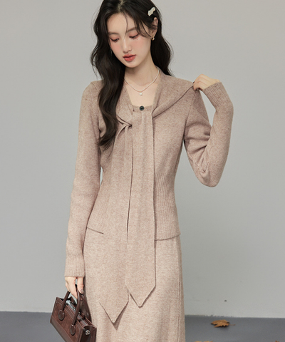 取り外しリボンタイセーラーショール付ニット＋スカート 2点セット