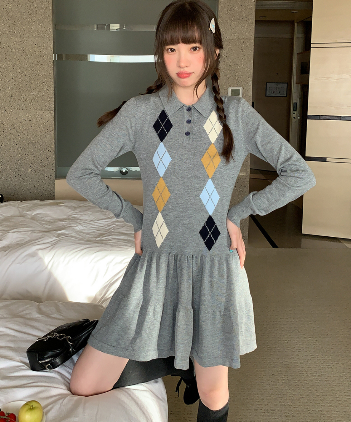 ポロ襟アーガイル柄ニットワンピース