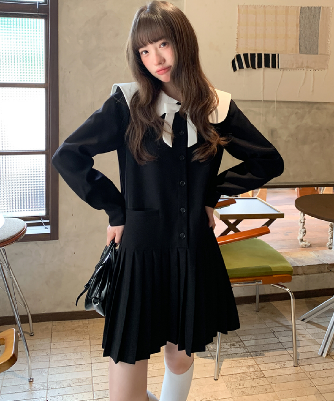 配色セーラーカラープリーツスカートワンピース