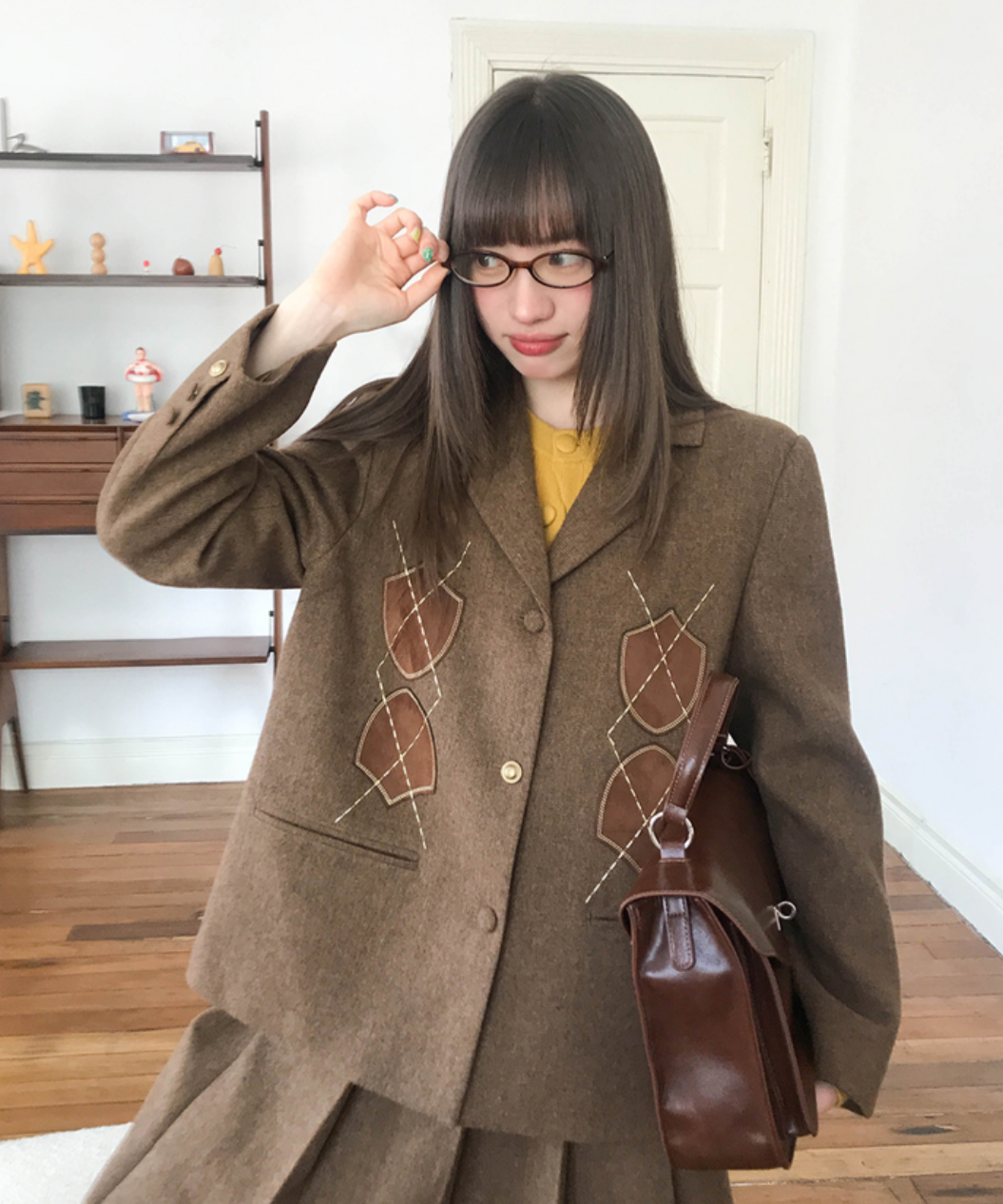 アーガイル刺繍ジャケット＋ボックスプリーツスカート 2点セット