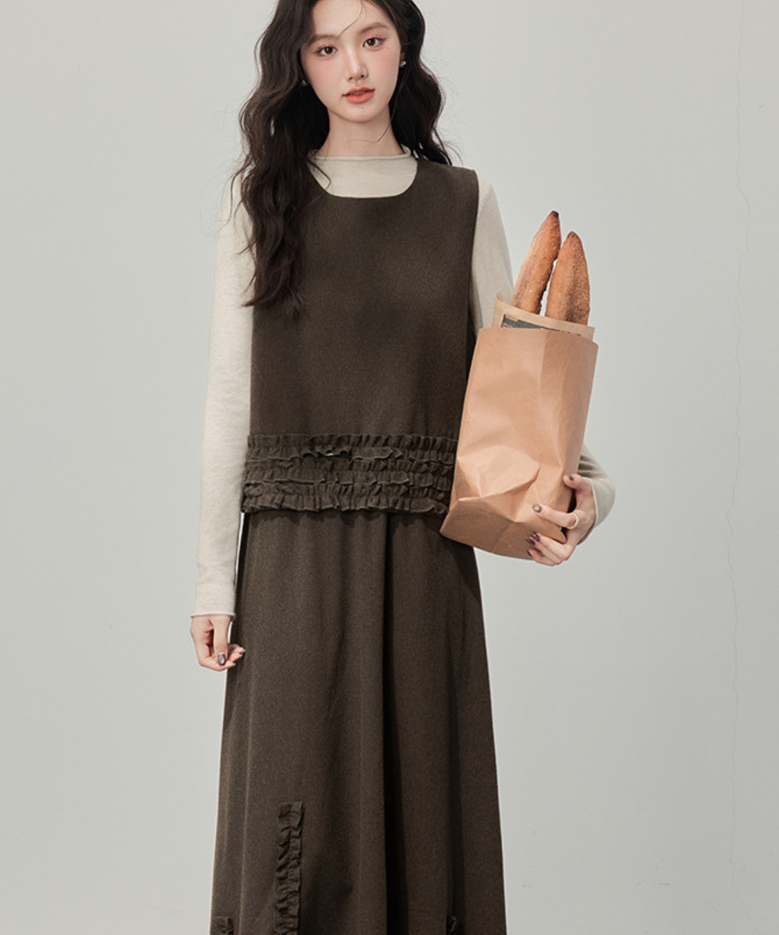 フリルデザインベスト＋カットソー＋フロントフリルスカート 3点セット