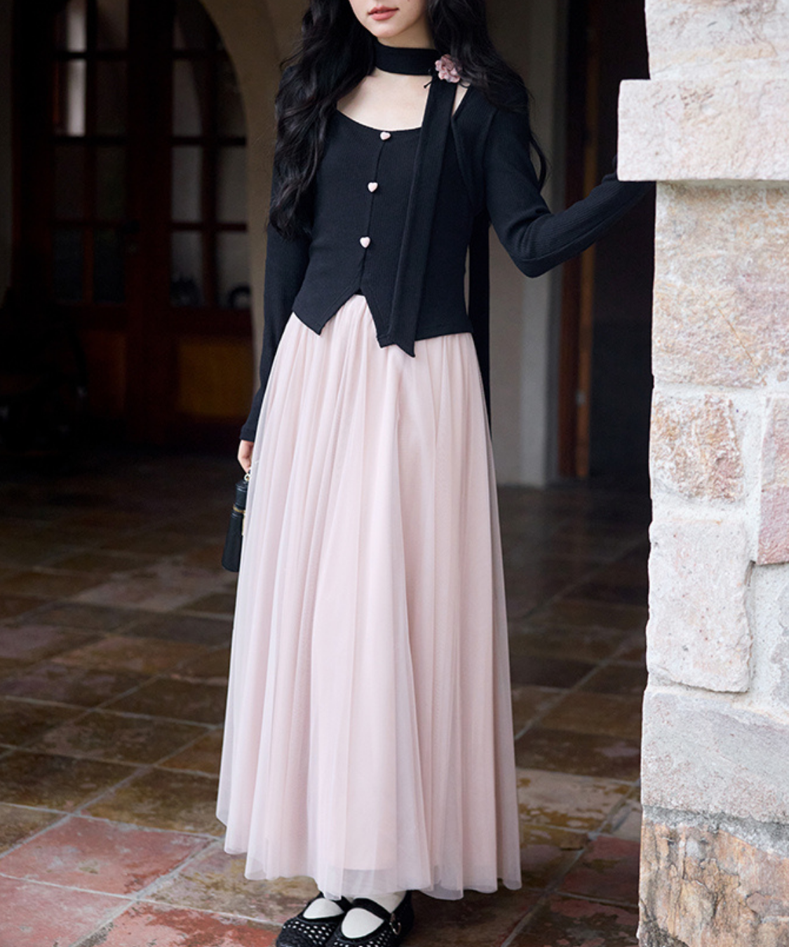 ネックリボンチュール切替ワンピース