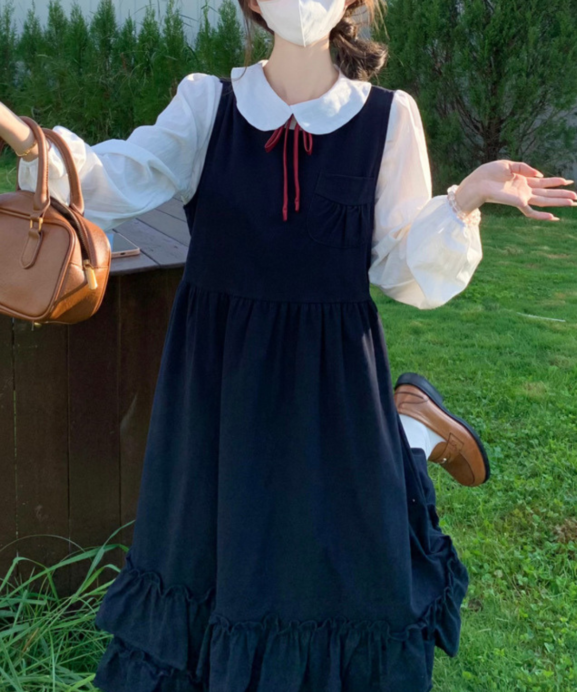 細リボンタイ付きブラウス＋ティアードフリルジャンパースカート 2点セット