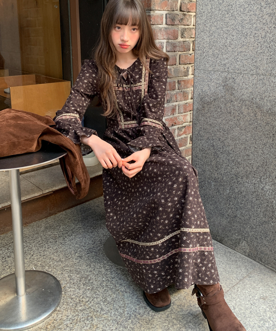 リボン付きラウンドネック民族調ワンピース