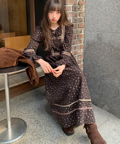 リボン付きラウンドネック民族調ワンピース