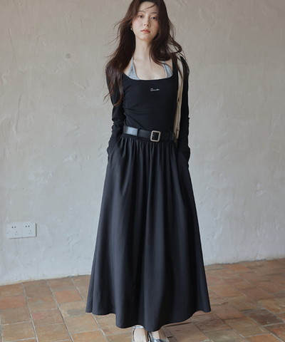 ロゴ刺繍フェイク2ピースウエストベルトワンピース