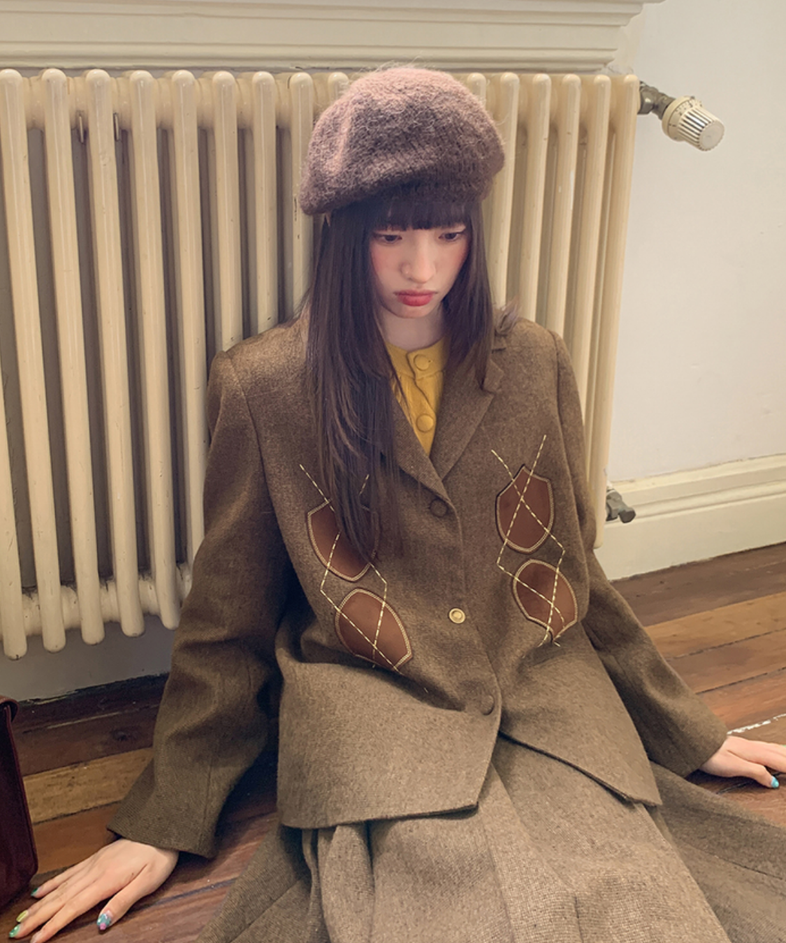 アーガイル刺繍ジャケット＋ボックスプリーツスカート 2点セット