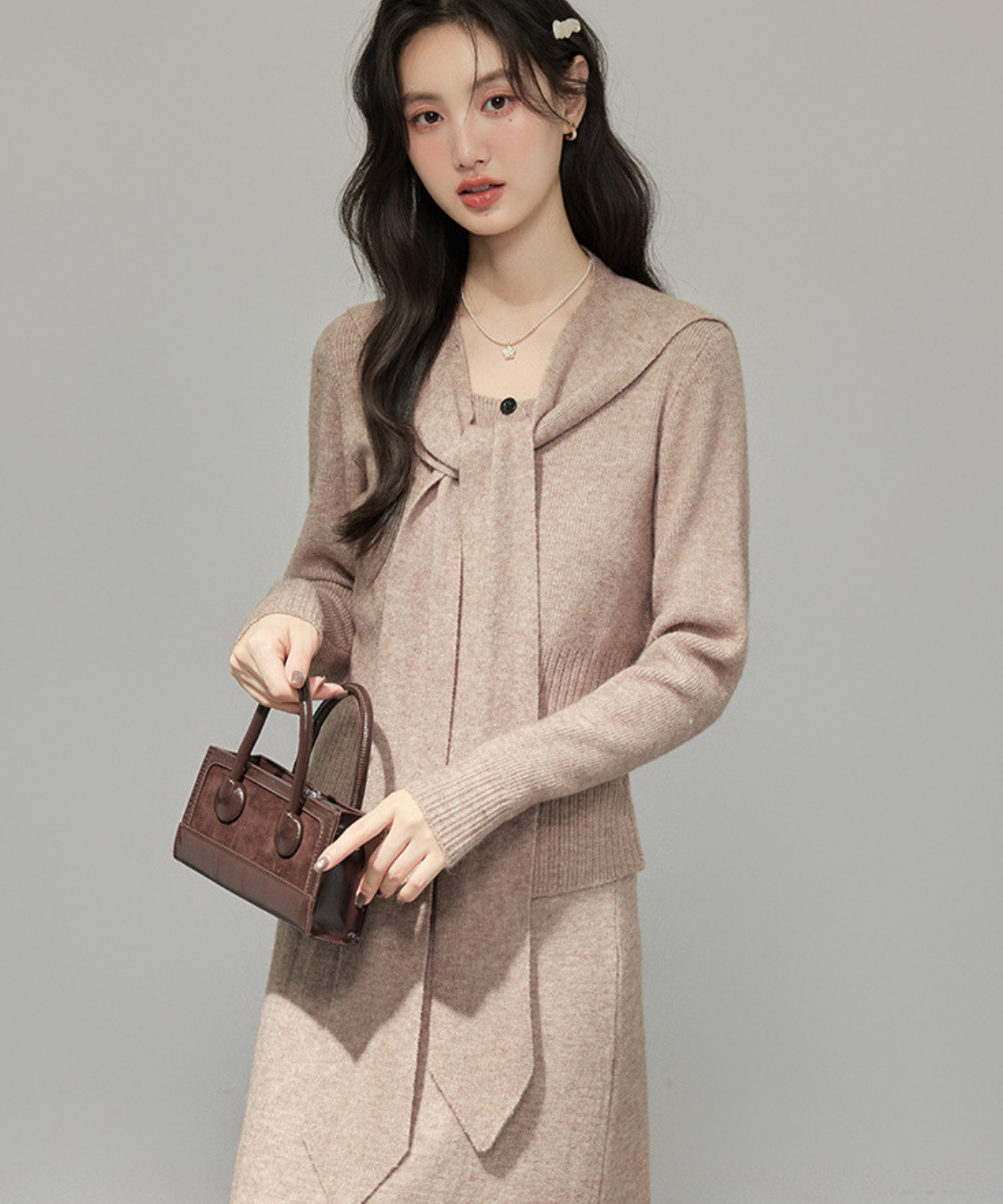 取り外しリボンタイセーラーショール付ニット＋スカート 2点セット