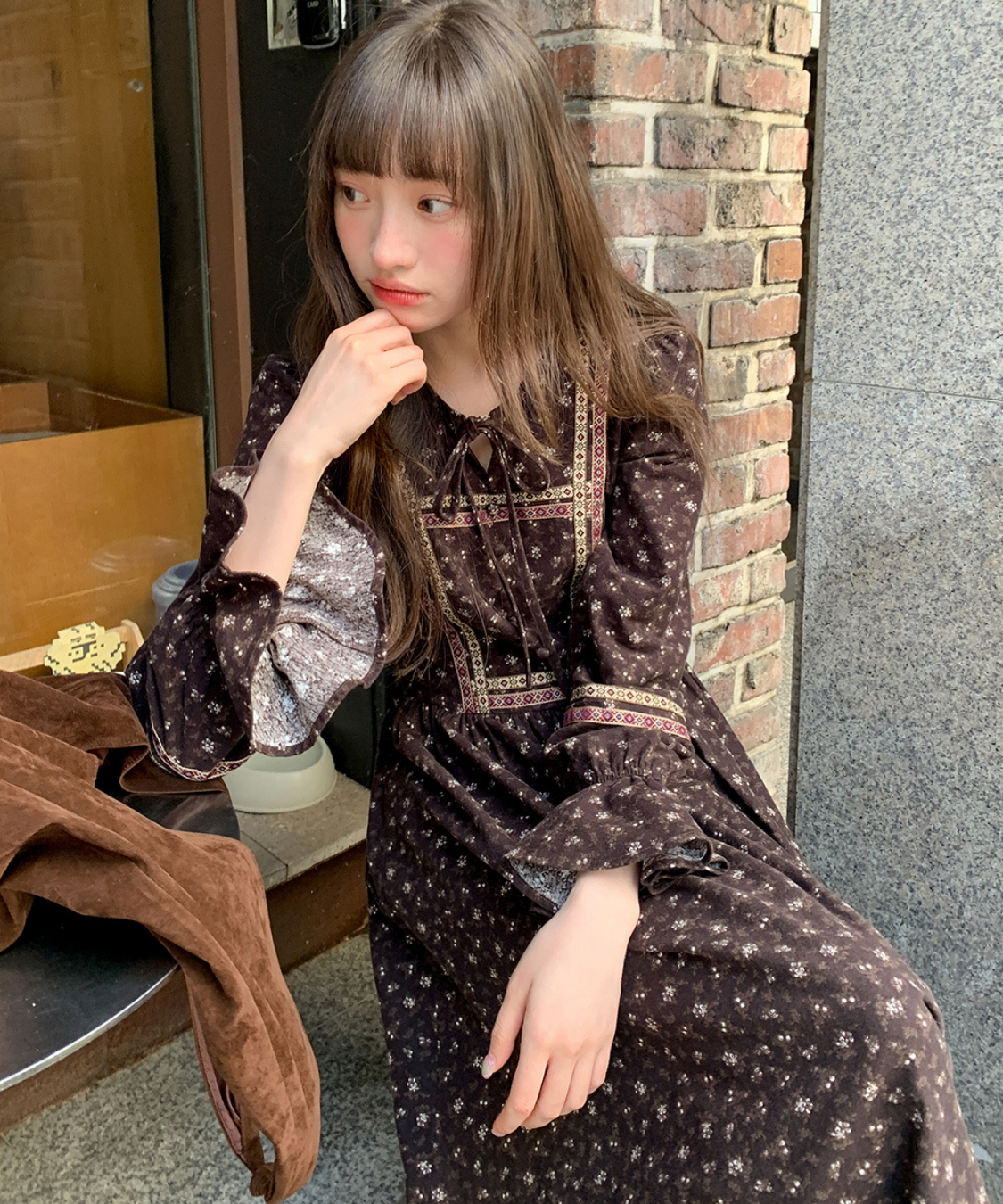 リボン付きラウンドネック民族調ワンピース