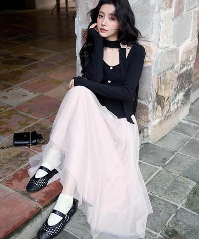 ネックリボンチュール切替ワンピース