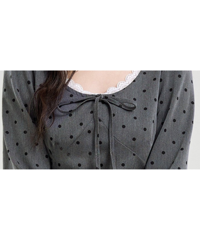 ラウンドネックレース付きドット柄リボンワンピース