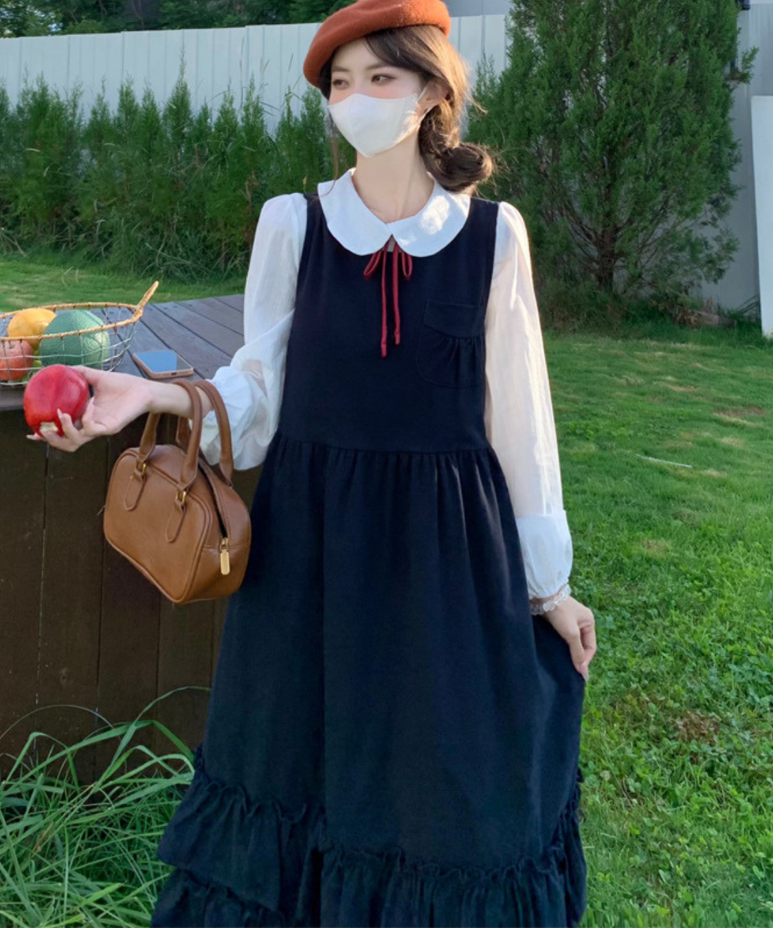 細リボンタイ付きブラウス＋ティアードフリルジャンパースカート 2点セット