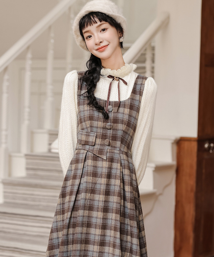 フリルハイネックチェック柄フェイクレイヤードワンピース