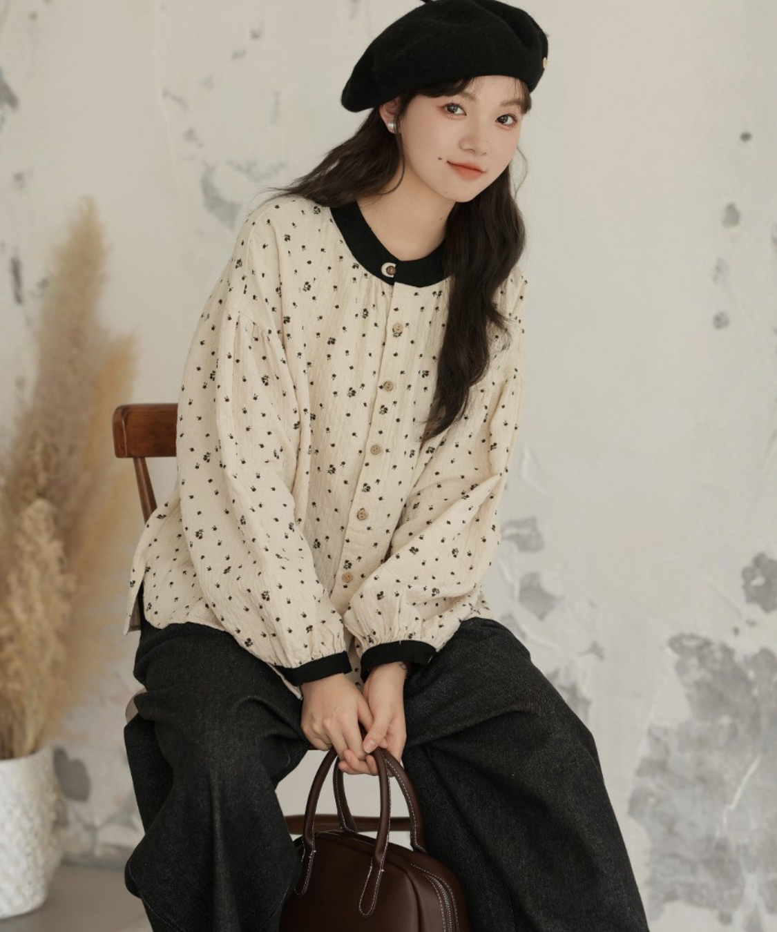 配色バンドカラー小花柄ブラウス