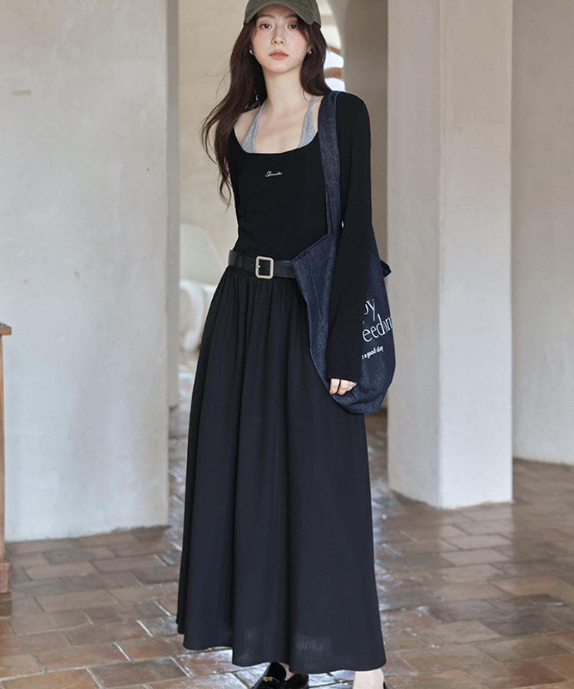 ロゴ刺繍フェイク2ピースウエストベルトワンピース