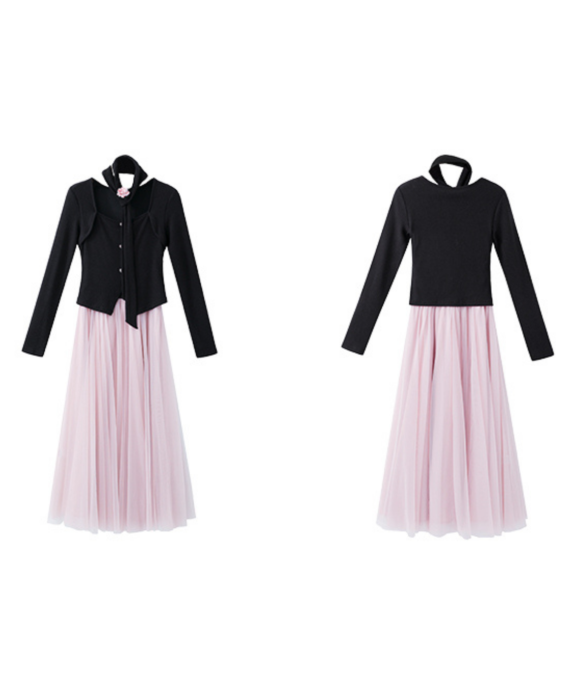 ネックリボンチュール切替ワンピース