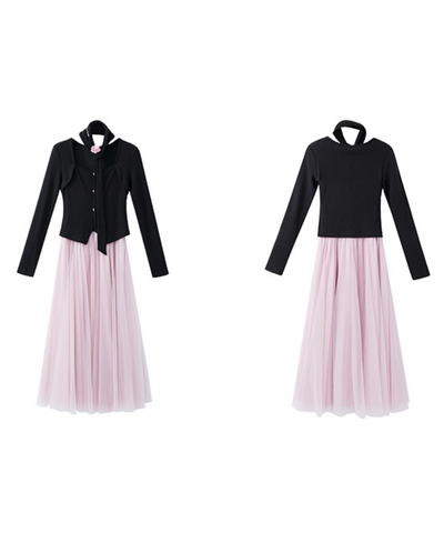 ネックリボンチュール切替ワンピース