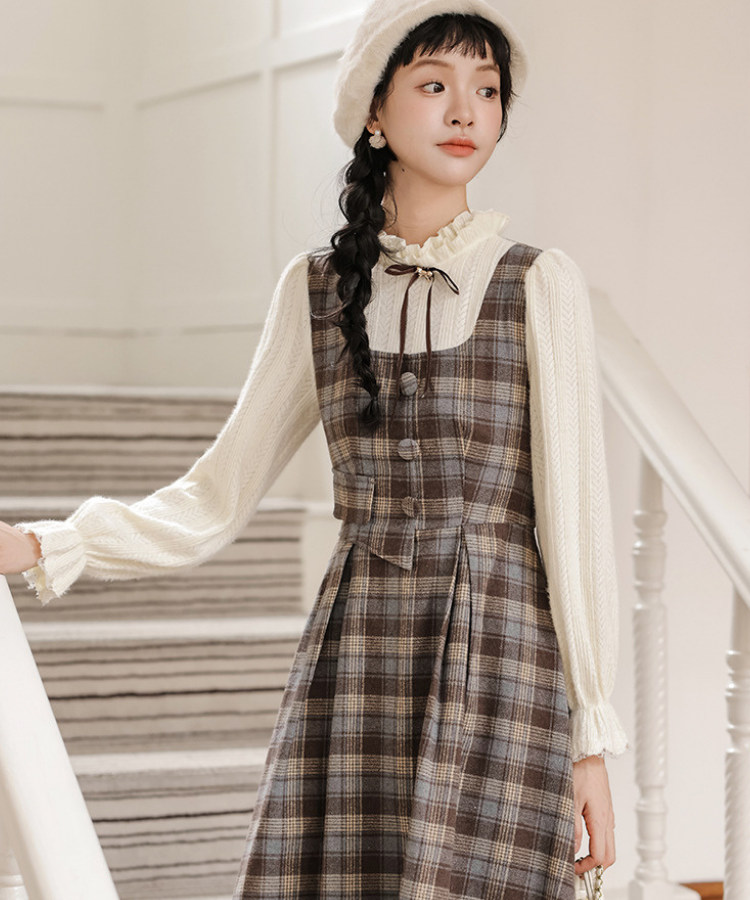 フリルハイネックチェック柄フェイクレイヤードワンピース