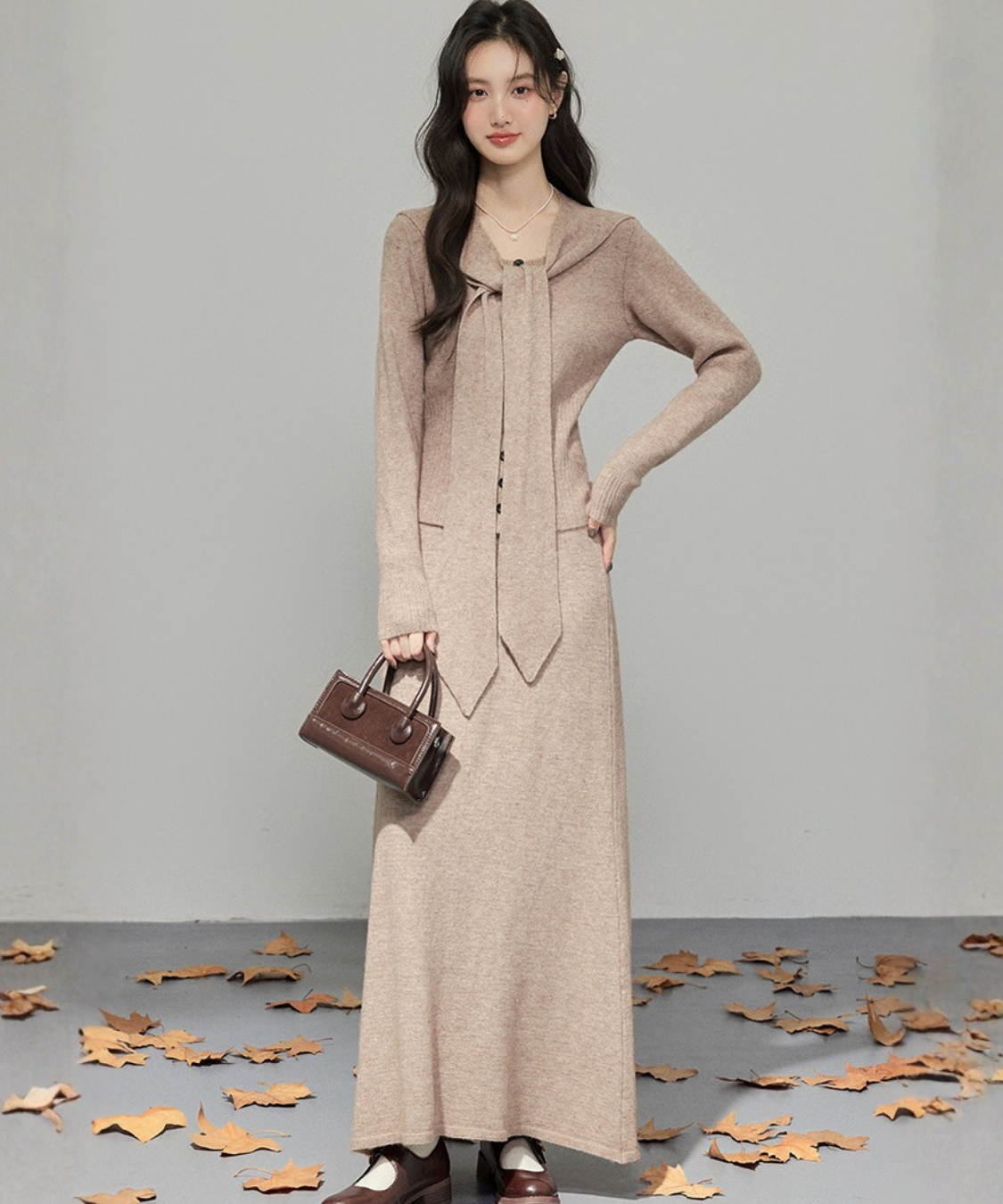 取り外しリボンタイセーラーショール付ニット＋スカート 2点セット