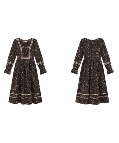 リボン付きラウンドネック民族調ワンピース